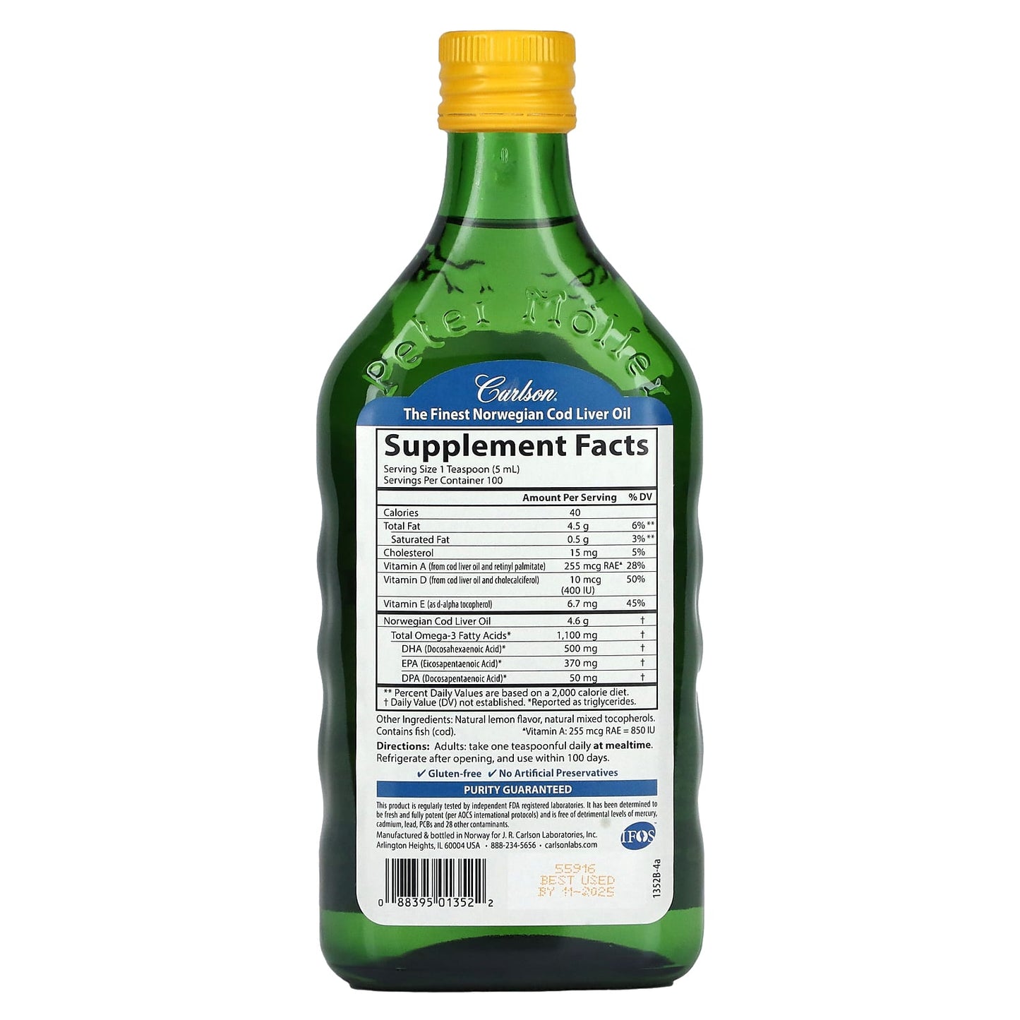 Carlson - Cod Liver Oil, 1100 mg Omega-3s, Liquid Fish Oil Supplement, Wild-Caught Norwegian Arctic , Sustainably Sourced Nordic Fish Oil Liquid, Lemon, 500 ml ACEITE DE BACALAO SAVOR LIMON 16.9 OZ
